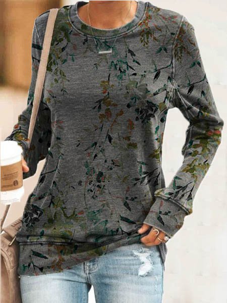 Casual Crew Neck Cotton-Blend Leaves Shirt & Top