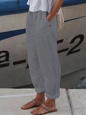 Women Casual Loose Pockets Elastic Waist Linen Pants Ankle Length Pants