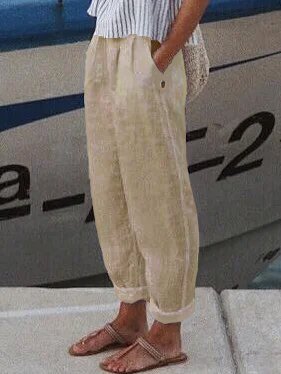 Women Casual Loose Pockets Elastic Waist Linen Pants Ankle Length Pants