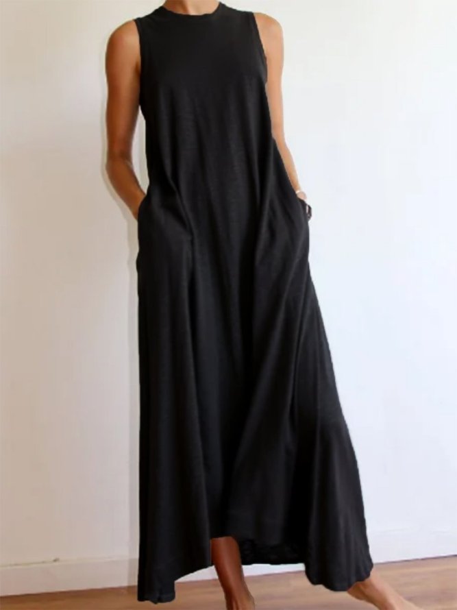 Round Neck Loose Solid Sleeveless Maxi Summer Dress with Pockets
