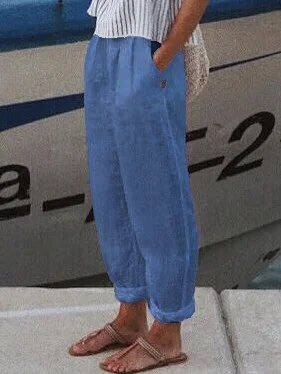 Women Casual Loose Pockets Elastic Waist Linen Pants Ankle Length Pants