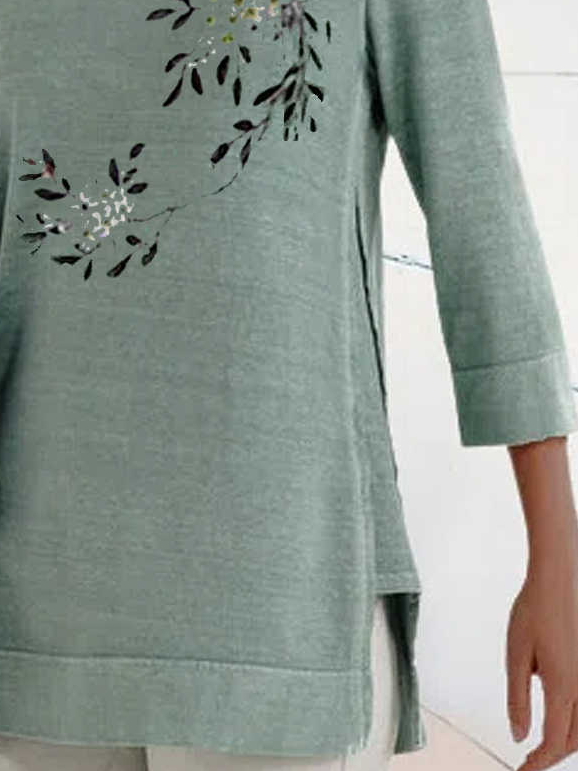 Casual Cotton-Blend Floral 3/4 Sleeve Sweatshirt