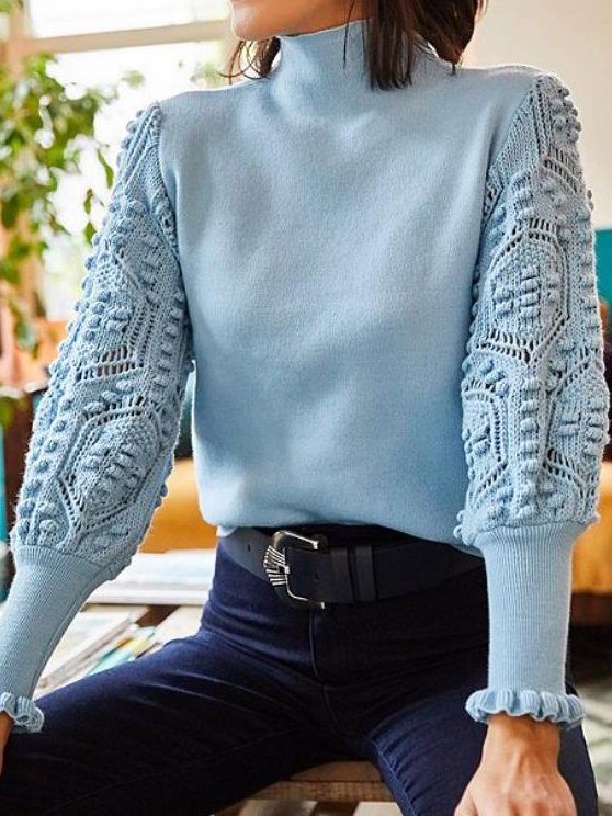 Women Blue High Neck Cutout Crochet Shoulder Long Sleeve Sweater
