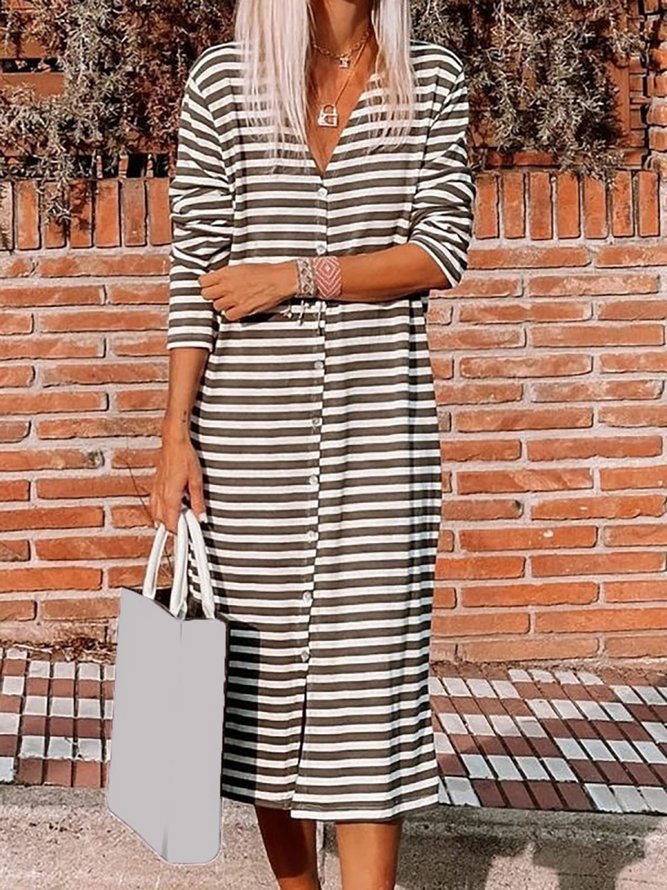 Casual Long Sleeve V-neck Striped Madi Knitting Dress
