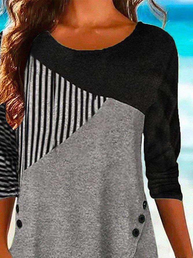 Women Color Block Stripe Asymmetrical Button Hem Long Sleeve Tunic Top