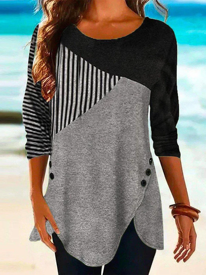 Women Color Block Stripe Asymmetrical Button Hem Long Sleeve Tunic Top