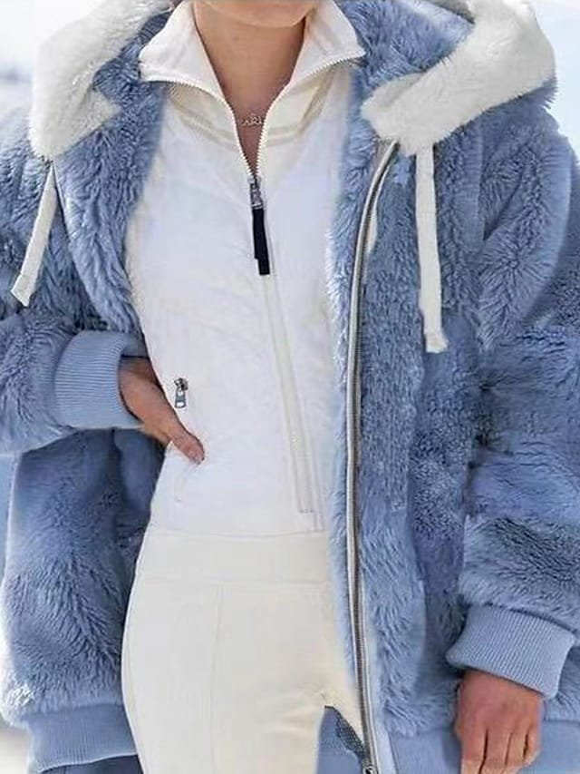 Women Long Sleeve Hooded Zipper Fur Coat