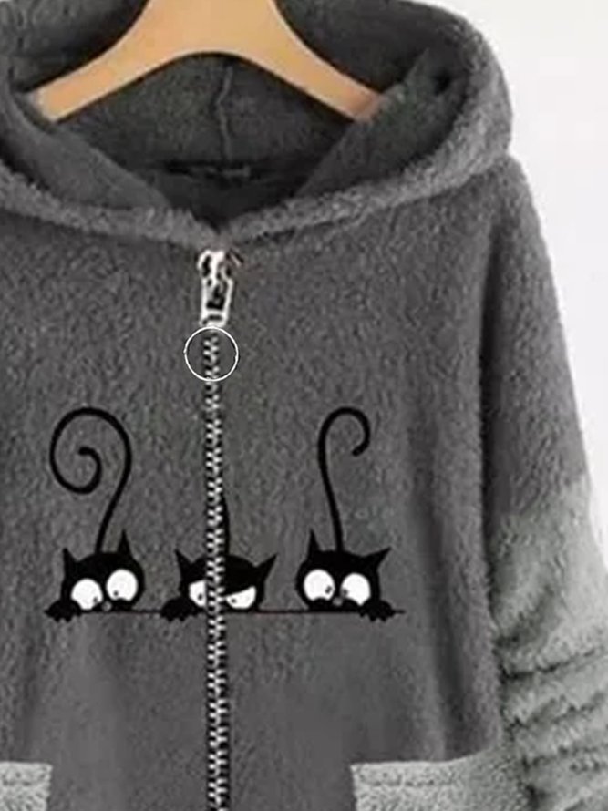 Women Round Neckline Cat Print Hooded Zipper Fur Coat