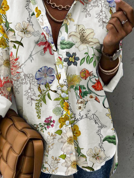 Women Floral Button Down Shirt Collar Spring Autumn Causal Long Sleeve Blouse