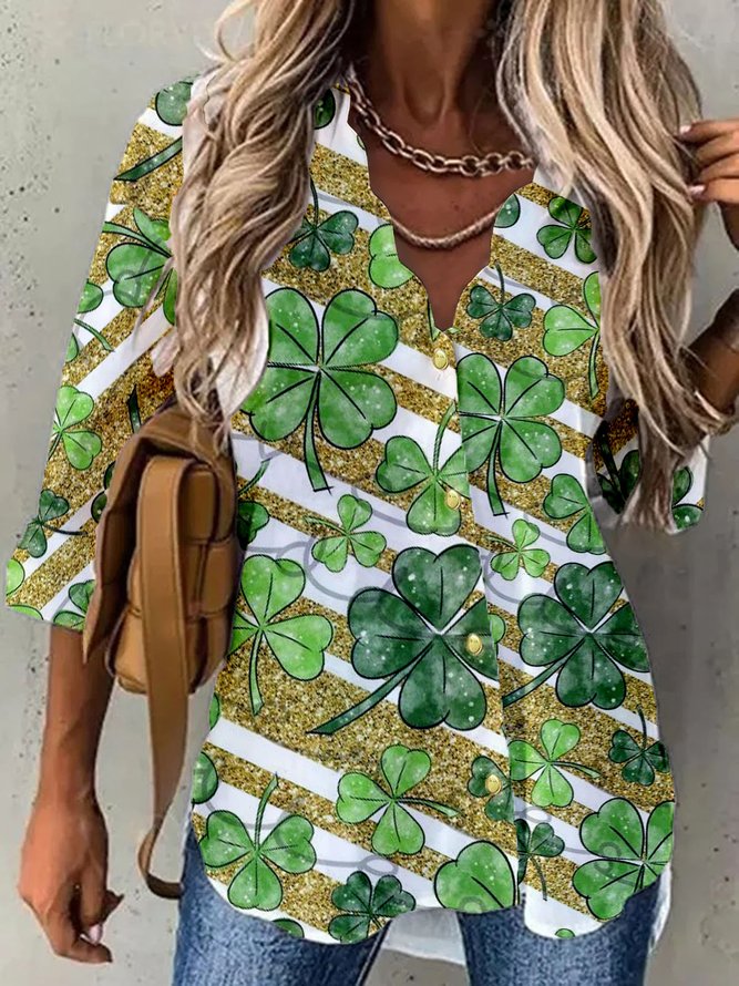 St. Patrick's Day Lucky Shamrock Print Long Sleeve V Neck Long Sleeve Blouse
