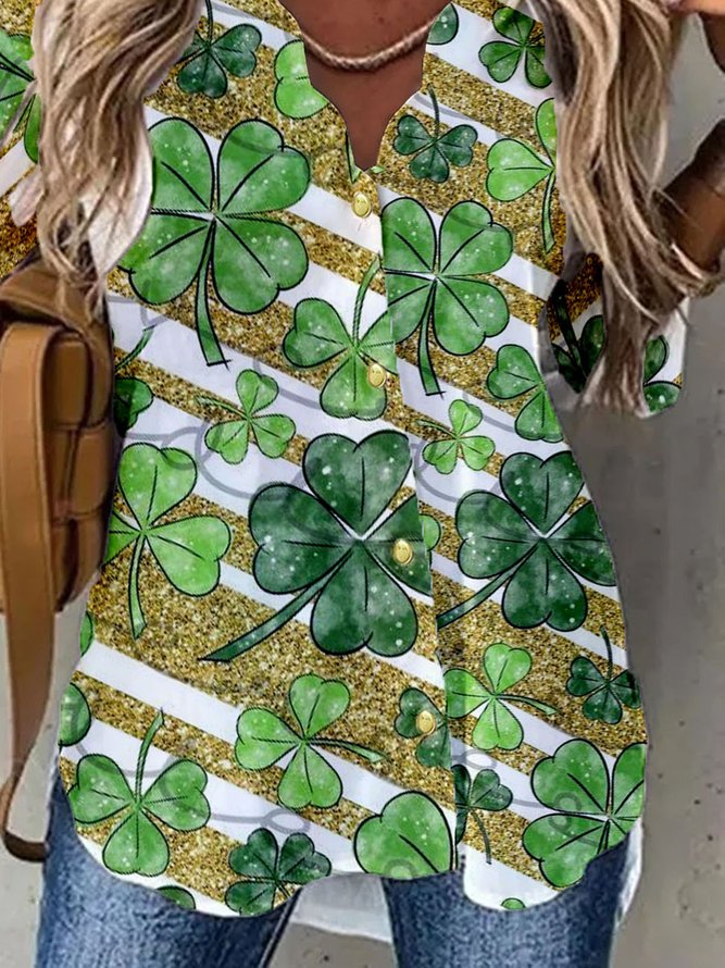 St. Patrick's Day Lucky Shamrock Print Long Sleeve V Neck Long Sleeve Blouse