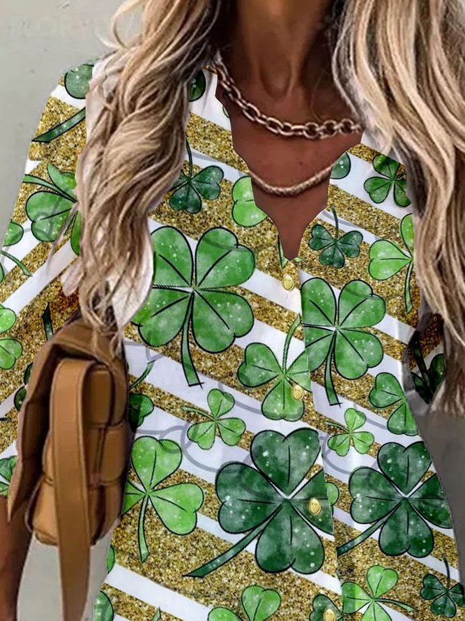 St. Patrick's Day Lucky Shamrock Print Long Sleeve V Neck Long Sleeve Blouse