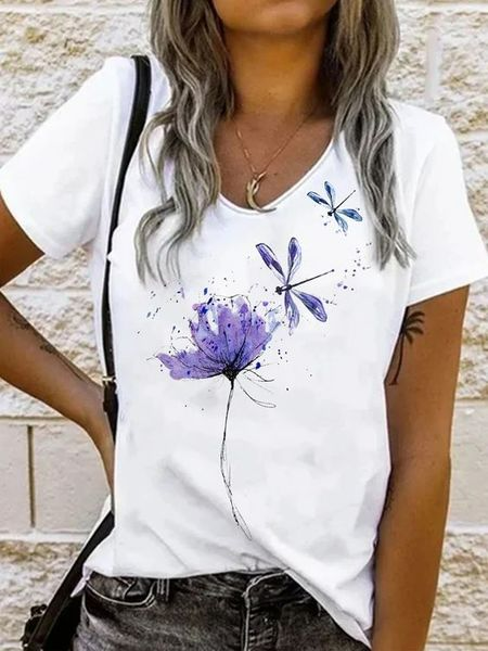 Crew Neck Casual Floral Dragonfly Cotton Blends Shirt & Top