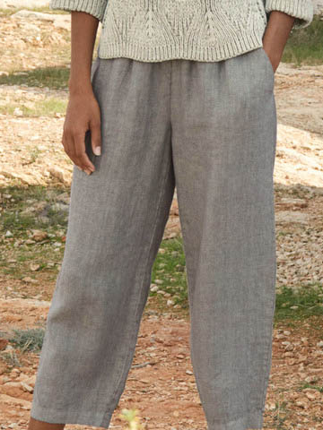 Women Casual Pockets Plain Elastic Waist Pants