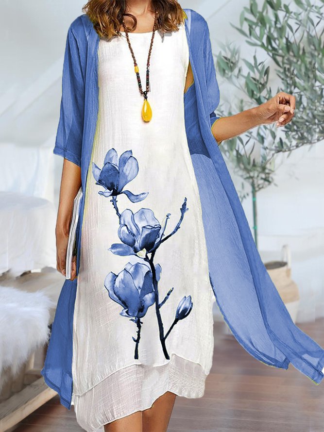 Two Piece Casual Round Neck Floral Print Linen Half Sleeve Solid Dress