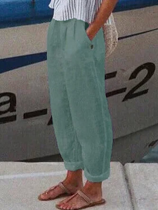Women Casual Loose Pockets Elastic Waist Linen Pants Ankle Length Pants