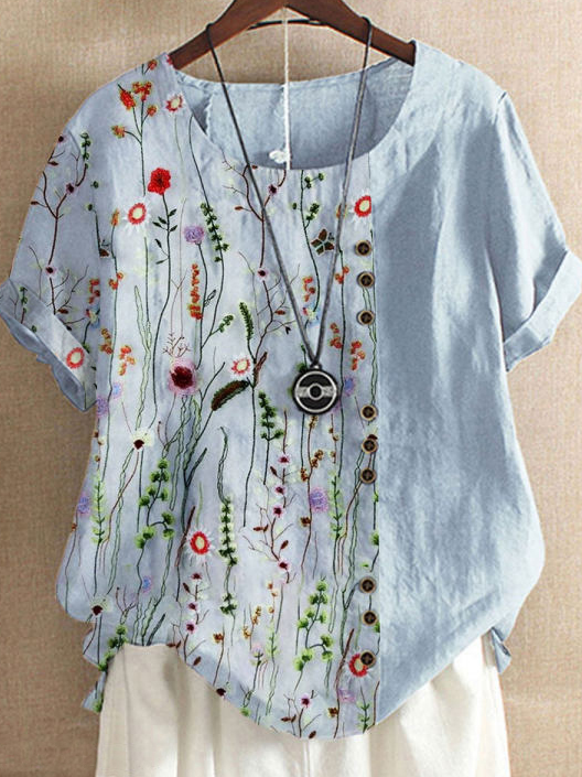 Casual Linen Floral Short Sleeve Tops
