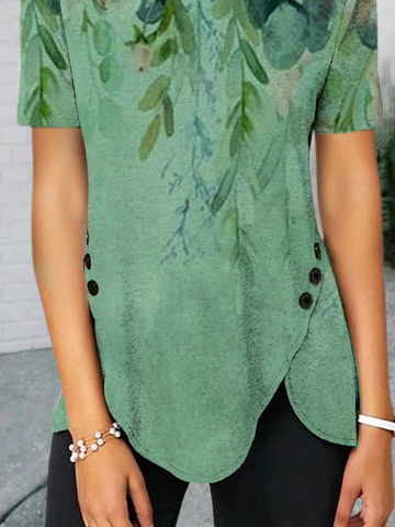 Floral  Short Sleeve  Printed Cotton-blend  Crew Neck  Vintage  Summer  Green Top