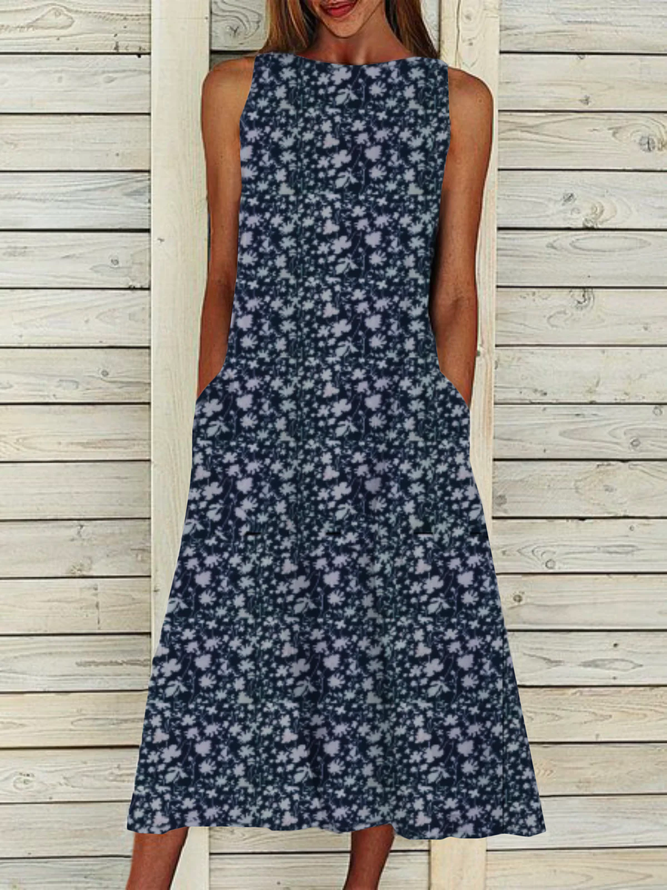 Women Summer Floral Maxi Pockets Sleeveless Crew Neck Vacation Dress