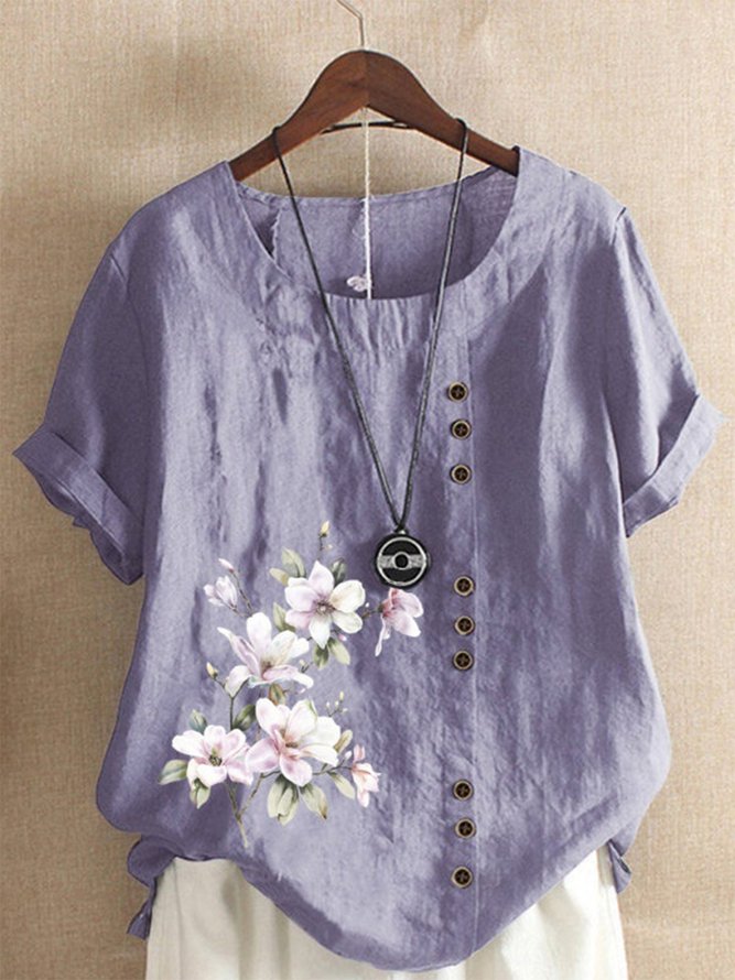 Buttoned Floral Short Sleeve Top