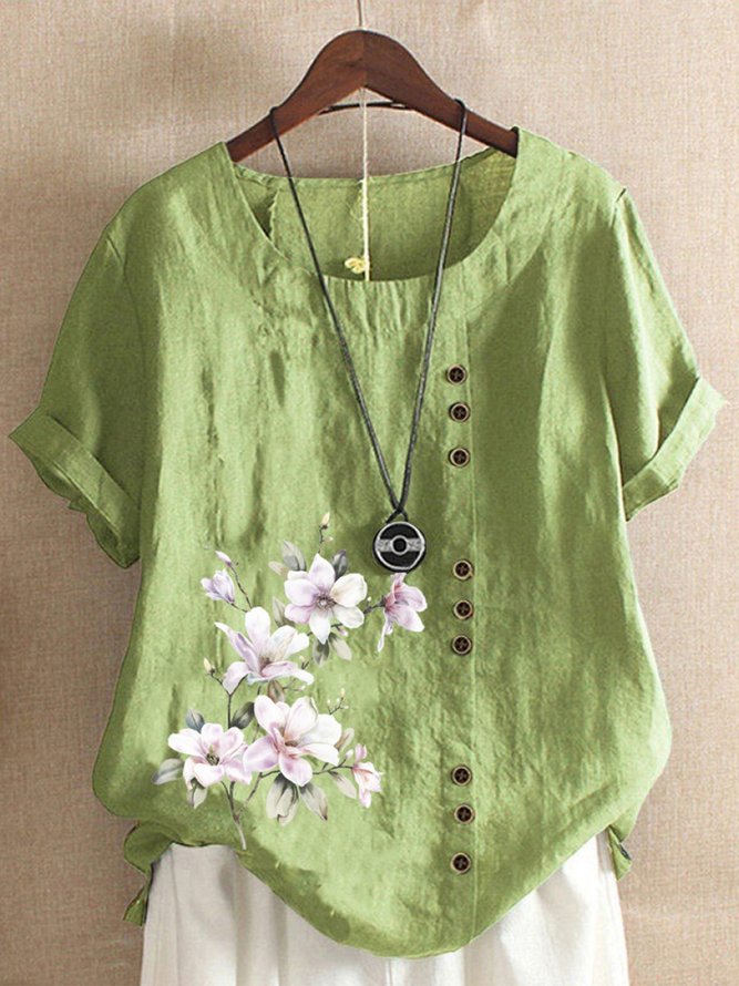 Buttoned Floral Short Sleeve Tops
