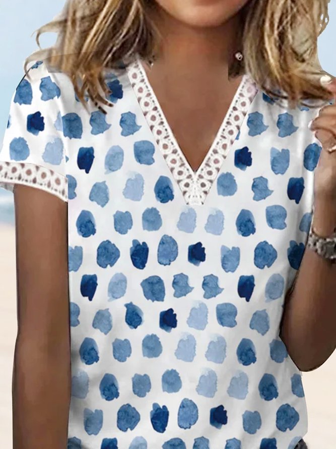 Geometric wave dot color block lace loose Pullover T-shirt