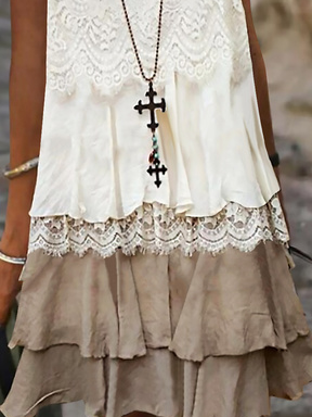 Women Hollow Out Lace Sleeveless Double Ruffle Layer Party Beach Cocktail Dress