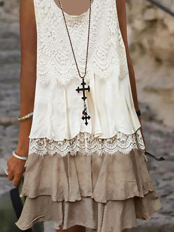 Women Hollow Out Lace Sleeveless Double Ruffle Layer Party Beach Cocktail Dress