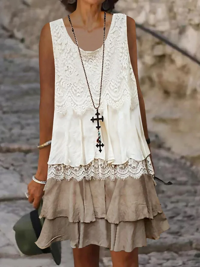 Women Hollow Out Lace Sleeveless Double Ruffle Layer Party Beach Cocktail Dress