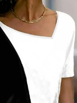 Women Asymmetrical Neck Color Block T Shirts Short Sleeve Tops