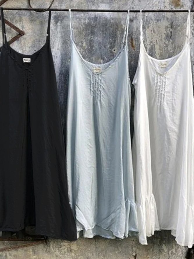 Summer Casual Solid Holiday Sleeveless Ruffle Hem Linen Tank Dress