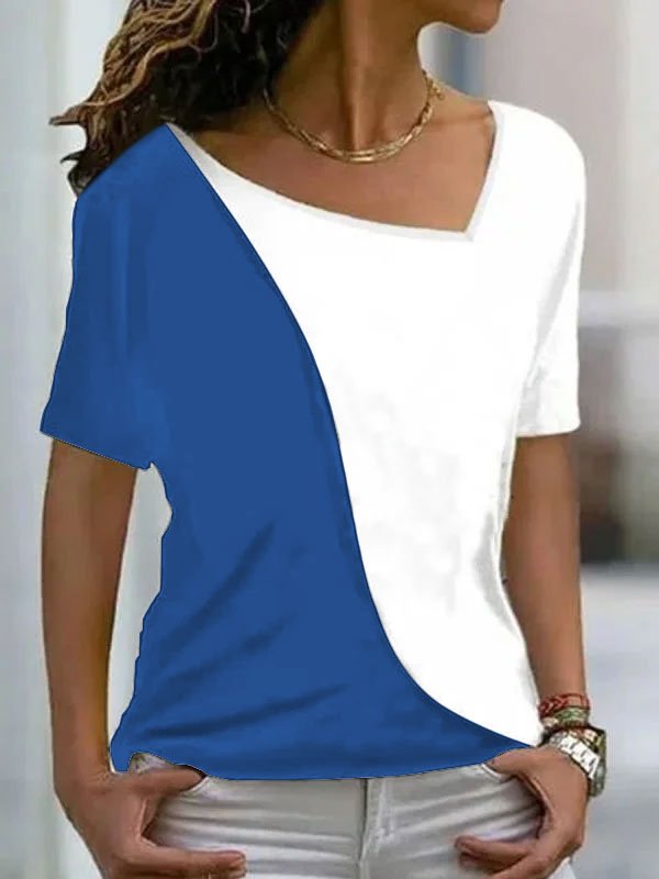 Women Asymmetrical Neck Color Block T Shirts Short Sleeve Tops