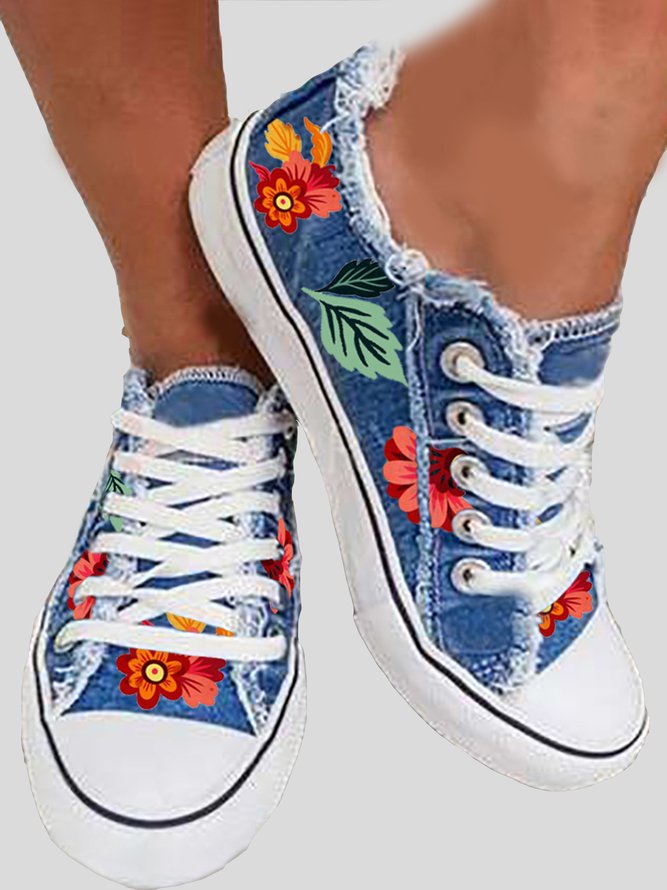 Floral Leaves Lace Up Sneakers Denim Sneakers