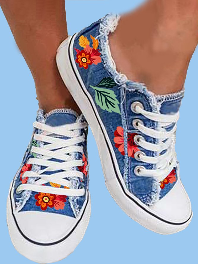 Floral Leaves Lace Up Sneakers Denim Sneakers