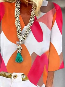 Loose Geometric V Neck Top