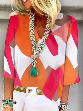 Loose Geometric V Neck Top