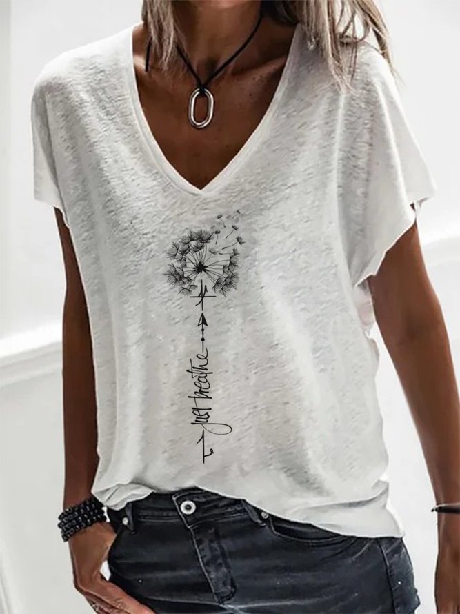 Women Casual Dandelion V Neck Plain Loose Short Sleeve Summer T-Shirt