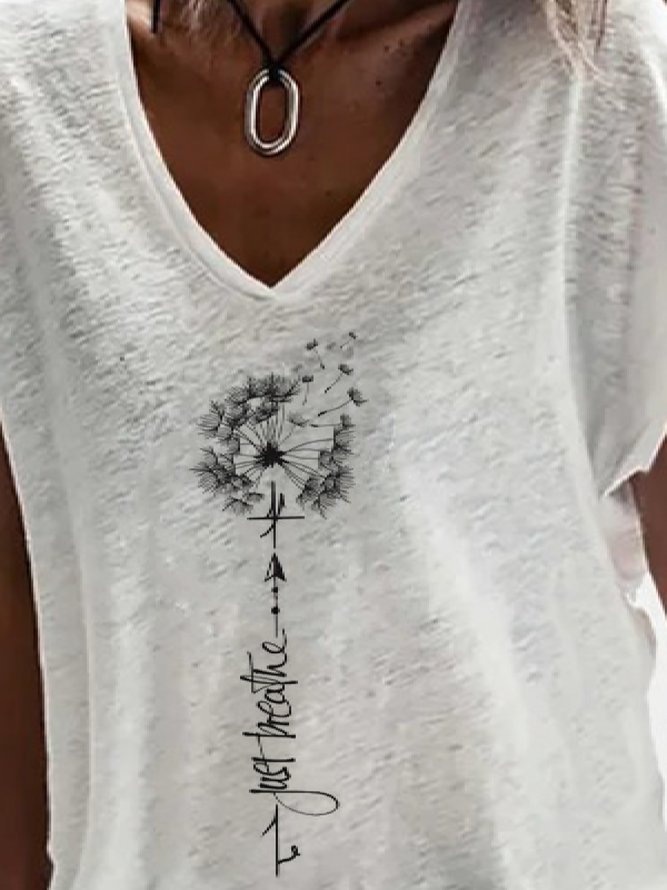 Women Casual Dandelion V Neck Plain Loose Short Sleeve Summer T-Shirt