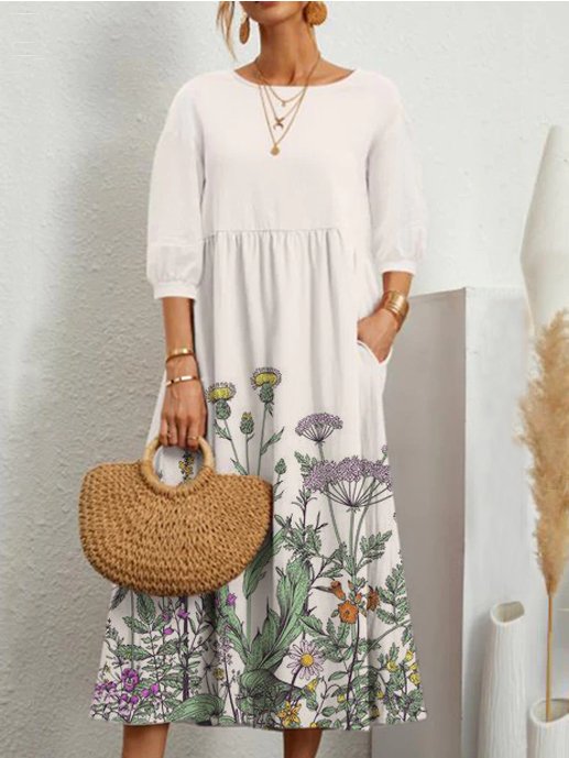 Floral Puff Sleeve Casual Crew Neck  Dresses