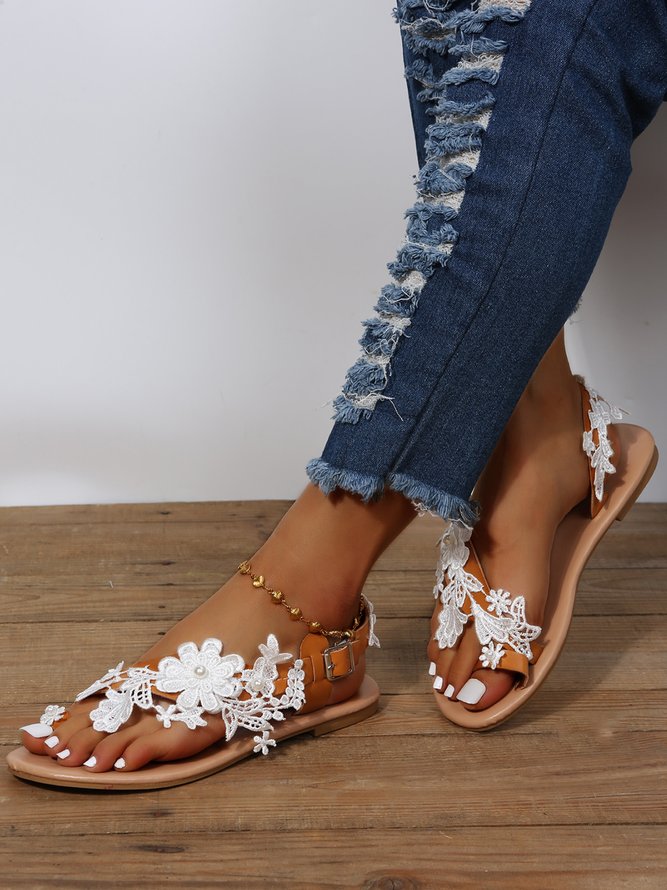 Women's Sandals Flat Clip Toe Casual Lace White Flower Decorative Summer Elegant Romantic Wedding Sandals