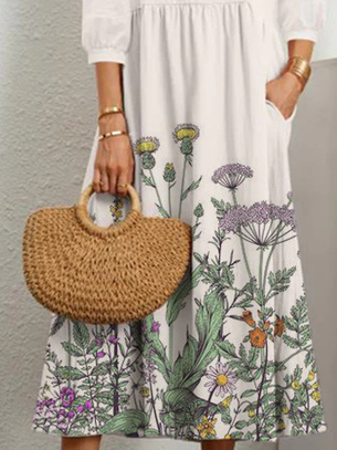 Floral Puff Sleeve Casual Crew Neck  Dresses