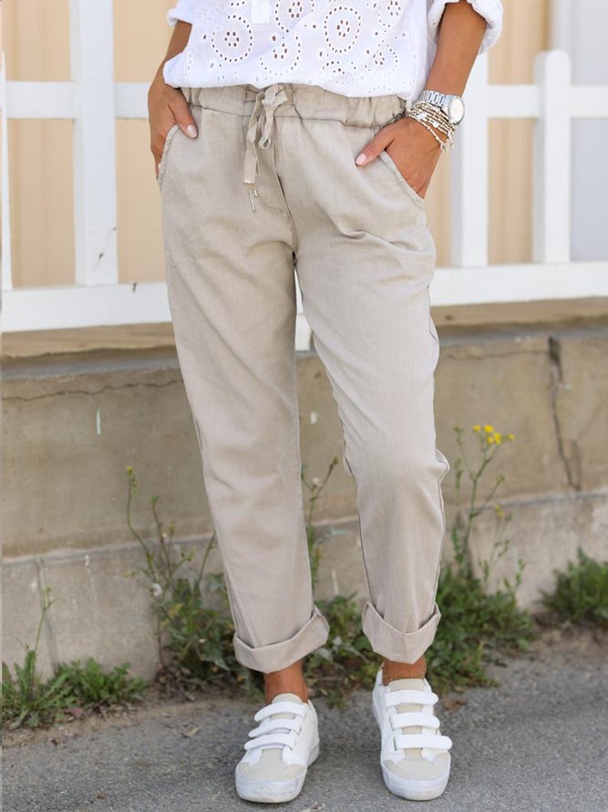 Plain cotton elastic waist pocket drawstring Slacks Pants Plus Size