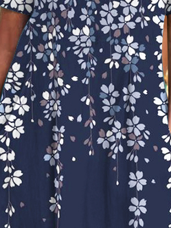 Dark Blue Floral Design V-Neck Knit Dress