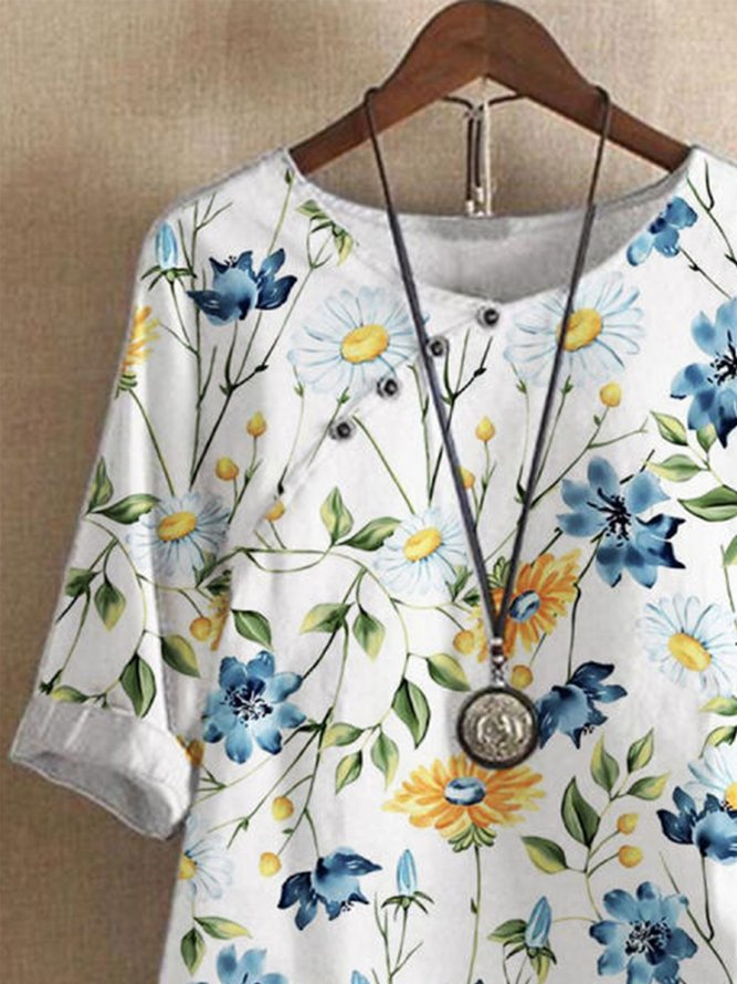Casual Floral Crew Neck Tops