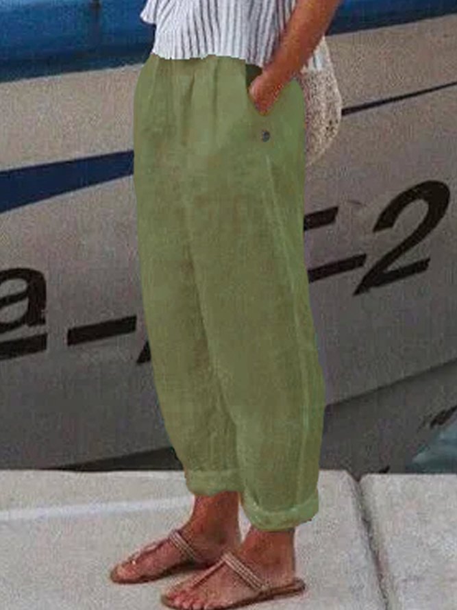 Women Casual Loose Pockets Elastic Waist Linen Pants Ankle Length Pants