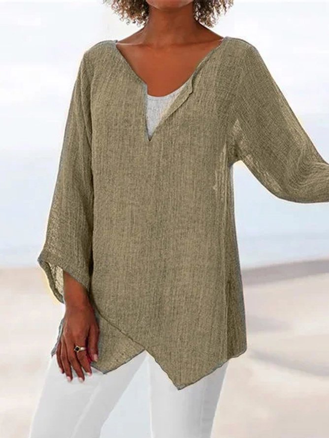 Women Loose Linen V Neck Asymmetric Solid Summer Blouse Tunic Top