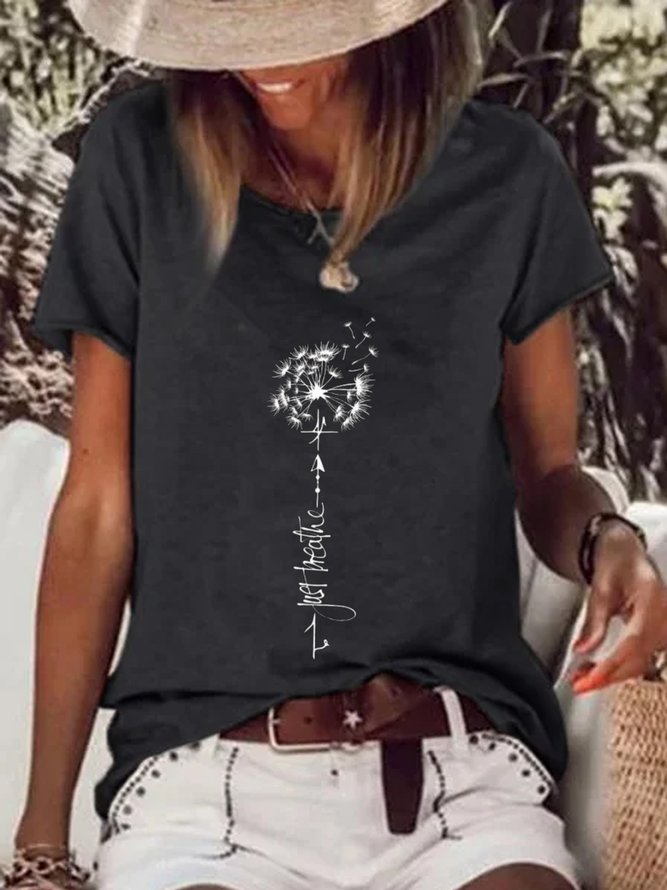 Women Casual Dandelion Floral Crew Neck Short Sleeve Summer T-Shirt