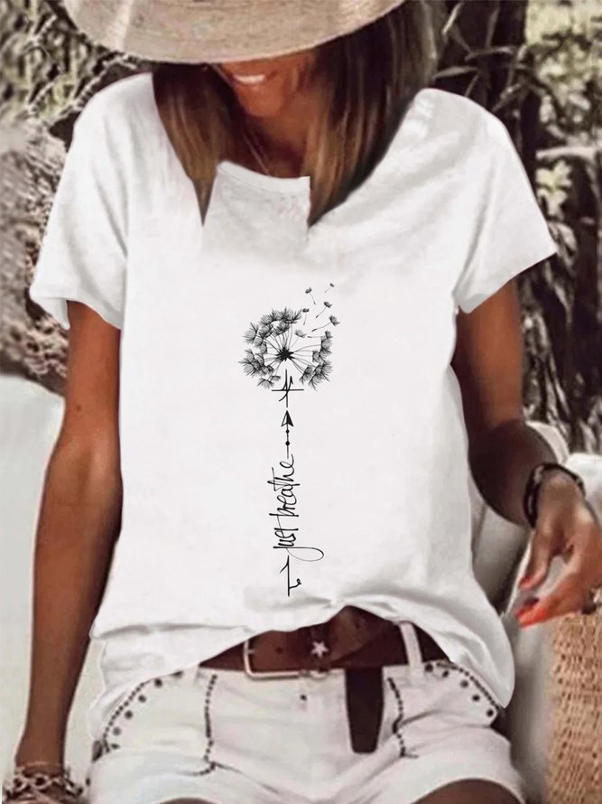 Women Casual Dandelion Floral Crew Neck Short Sleeve Summer T-Shirt