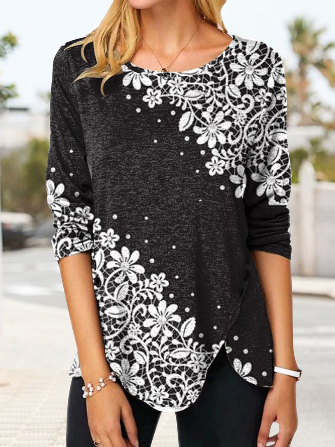 Casual Positioning Floral Design Long Sleeve Knit Top