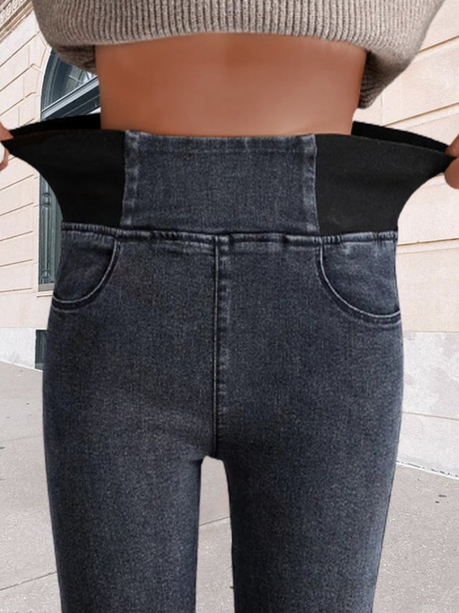 Women Casual Plain Autumn High Waist High Elasticity Daily Loose Plain Pocket Denim Jeans